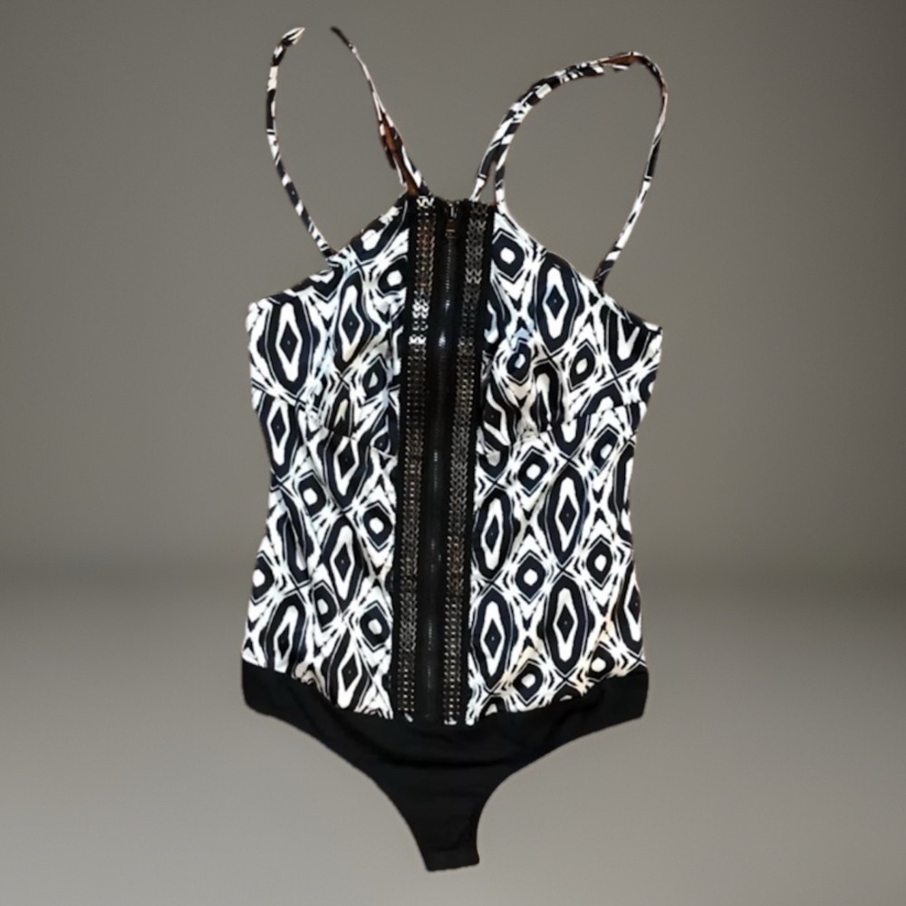 Vintage bebe XS TP Black White Sexy Shiny Chain Zipper Accent Bodysuit Unitard
